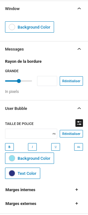 FAQtatsic chatbot : style des bulles de messages et boîte de dialogue