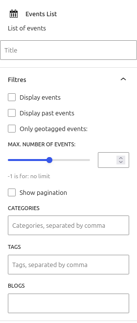 EventPost : bloc Event List réglages filtres et taxonomies