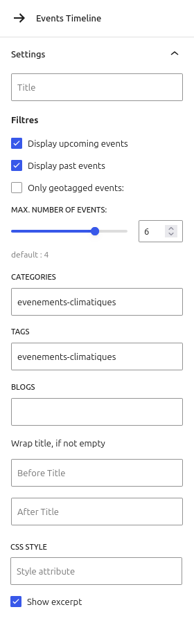 EventPost : bloc Event Timeline réglages