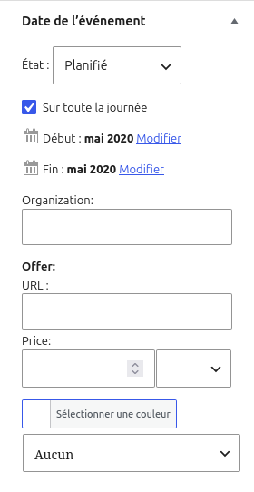 EventPost : post réglages état, dates, couleur et url