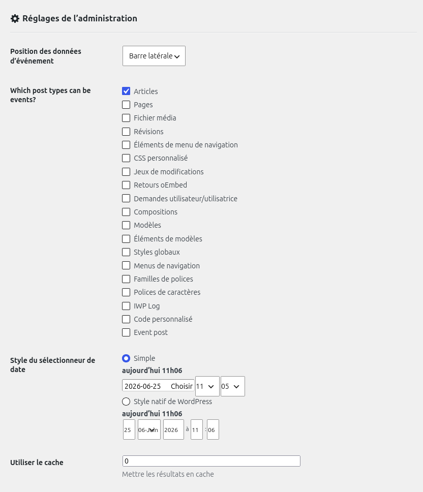 EventPost : réglages administration