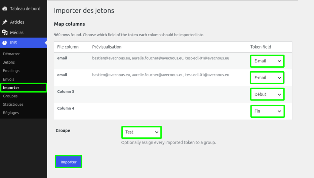 IRIS : Importer des jetons - tableau des correspondances