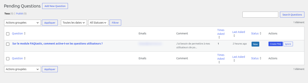 FAQtastic : interface gestion des suggestions de question